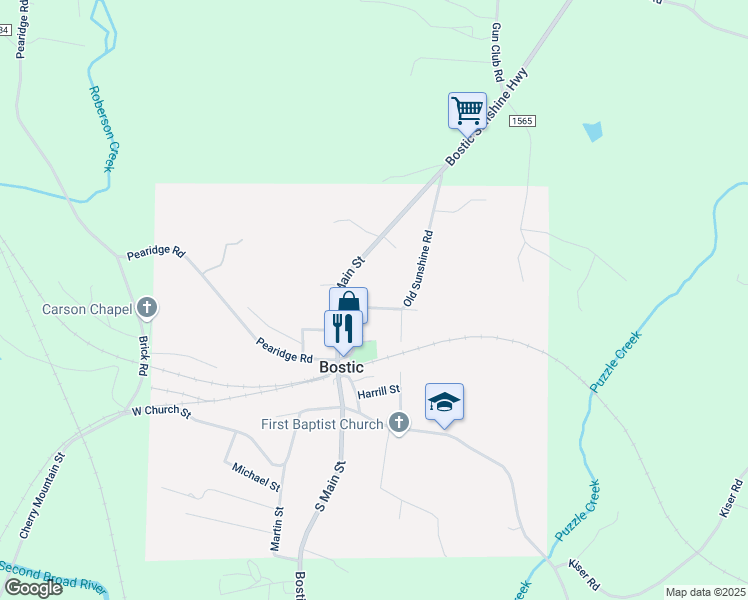 map of restaurants, bars, coffee shops, grocery stores, and more near 149 Old Sunshine Road in Bostic