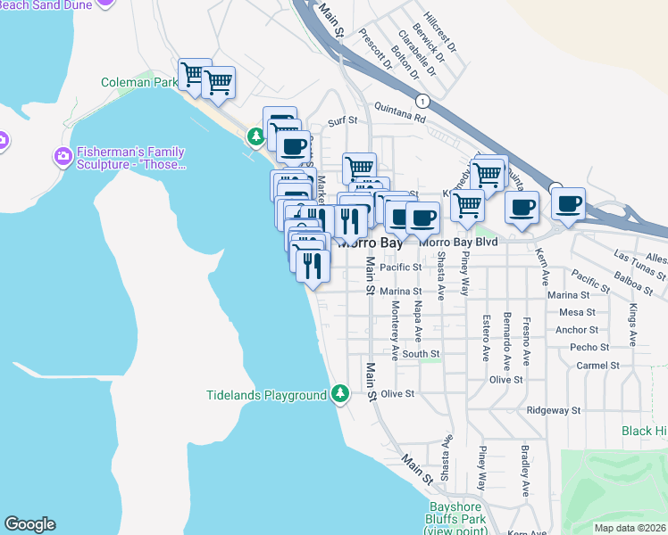 map of restaurants, bars, coffee shops, grocery stores, and more near 780 Market Avenue in Morro Bay