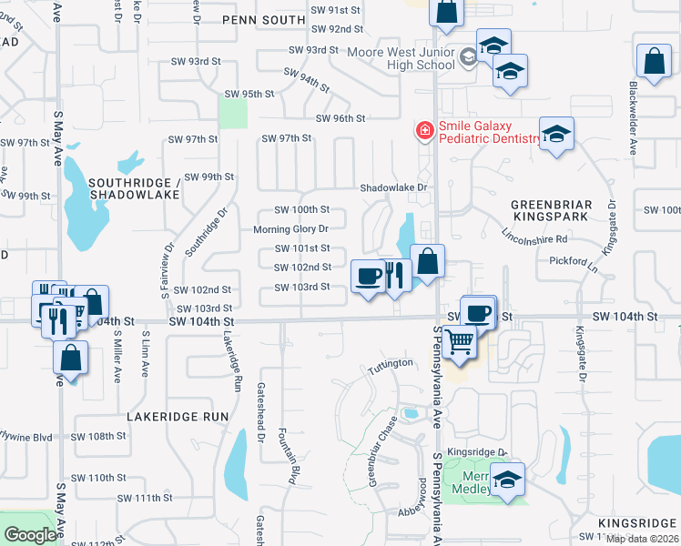 map of restaurants, bars, coffee shops, grocery stores, and more near 2305 Southwest 102nd Street in Oklahoma City