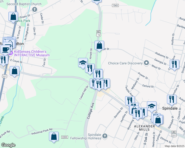 map of restaurants, bars, coffee shops, grocery stores, and more near 169 Railroad Avenue in Rutherfordton