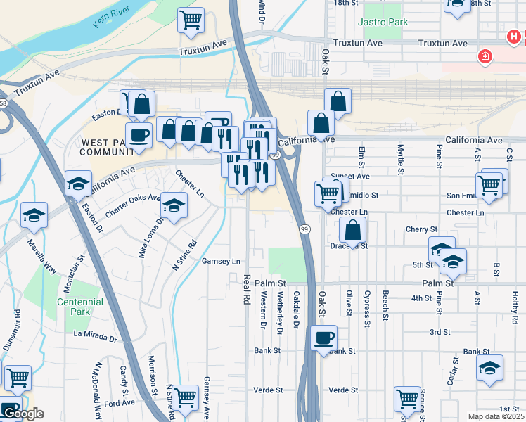 map of restaurants, bars, coffee shops, grocery stores, and more near 3414 Chester Lane in Bakersfield