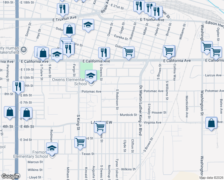map of restaurants, bars, coffee shops, grocery stores, and more near 1217 East 9th Street in Bakersfield