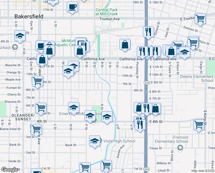 map of restaurants, bars, coffee shops, grocery stores, and more near 531 9th Street in Bakersfield