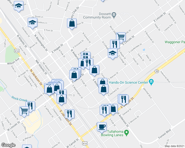 map of restaurants, bars, coffee shops, grocery stores, and more near 415 East Lauderdale Street in Tullahoma