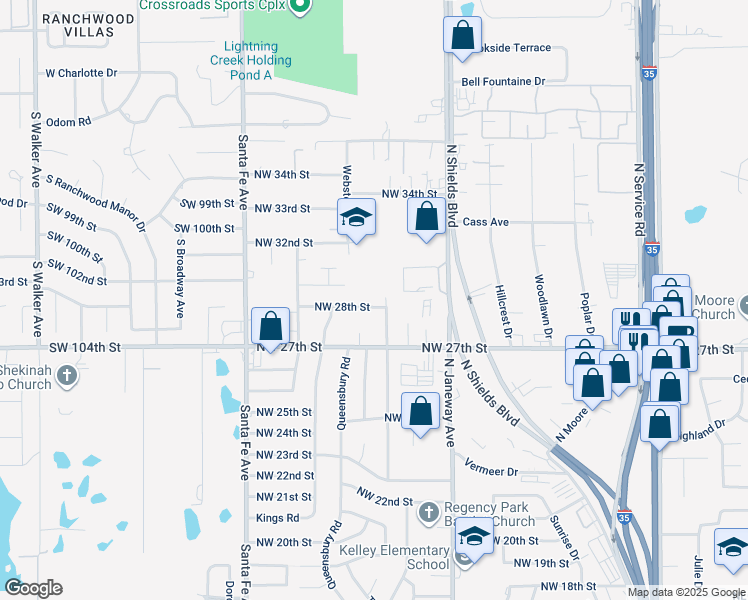 map of restaurants, bars, coffee shops, grocery stores, and more near 10003 North Shields Boulevard in Moore