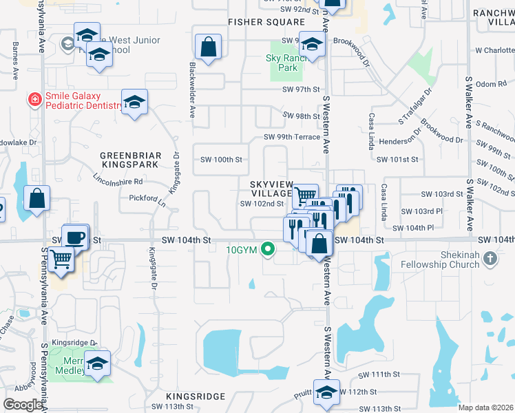 map of restaurants, bars, coffee shops, grocery stores, and more near 1108 Southwest 101st Street in Oklahoma City