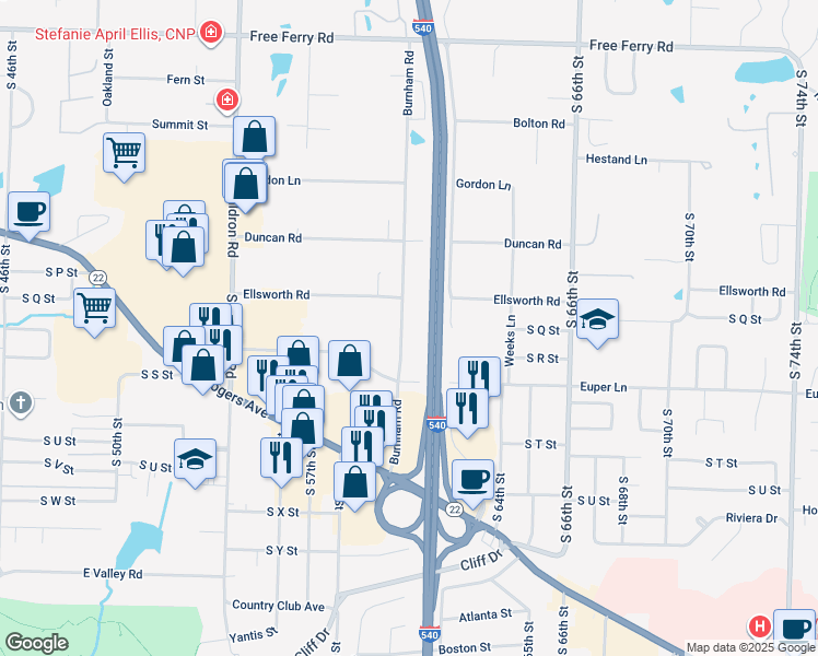 map of restaurants, bars, coffee shops, grocery stores, and more near 1801 Burnham Road in Fort Smith