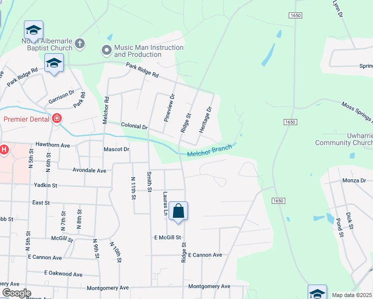 map of restaurants, bars, coffee shops, grocery stores, and more near 1200 Ridge Street in Albemarle