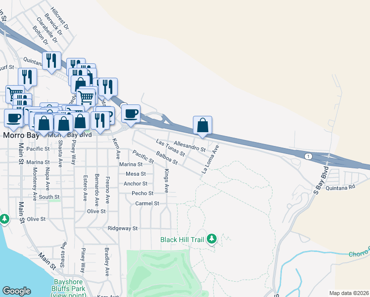 map of restaurants, bars, coffee shops, grocery stores, and more near 1085 Allesandro Street in Morro Bay