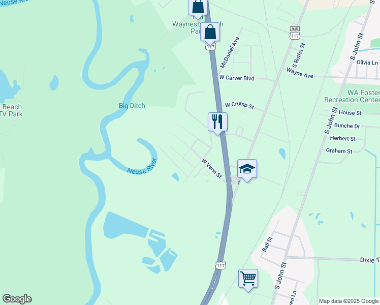 map of restaurants, bars, coffee shops, grocery stores, and more near West Vann Street in Goldsboro