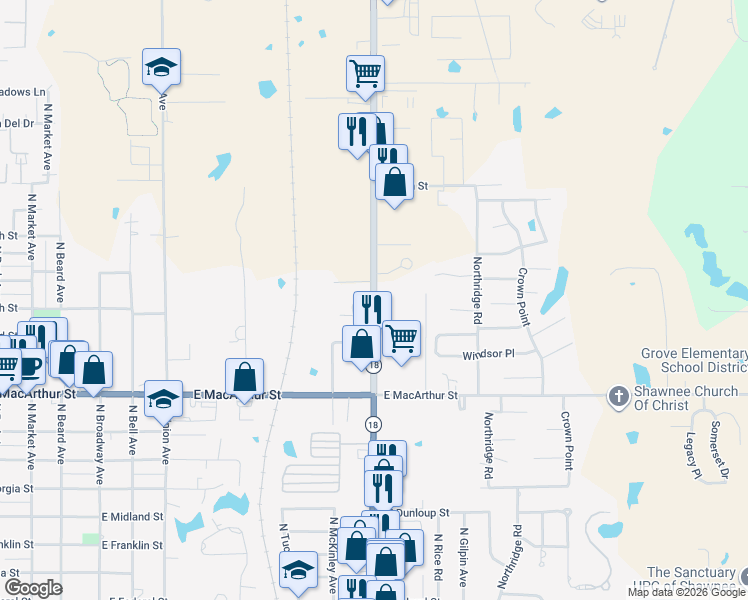 map of restaurants, bars, coffee shops, grocery stores, and more near 3031 North Harrison Avenue in Shawnee