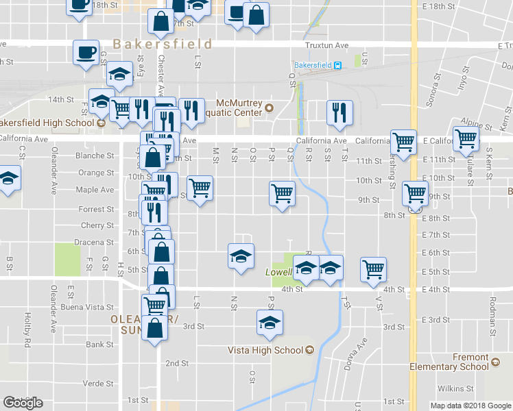 map of restaurants, bars, coffee shops, grocery stores, and more near 816 O Street in Bakersfield