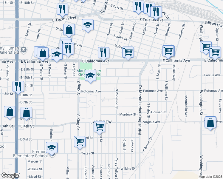 map of restaurants, bars, coffee shops, grocery stores, and more near 1217 East 9th Street in Bakersfield
