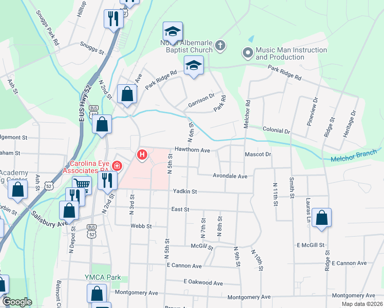 map of restaurants, bars, coffee shops, grocery stores, and more near 1101 North 6th Street in Albemarle