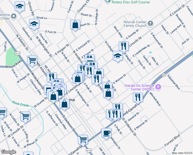 map of restaurants, bars, coffee shops, grocery stores, and more near 107 South Anderson Street in Tullahoma