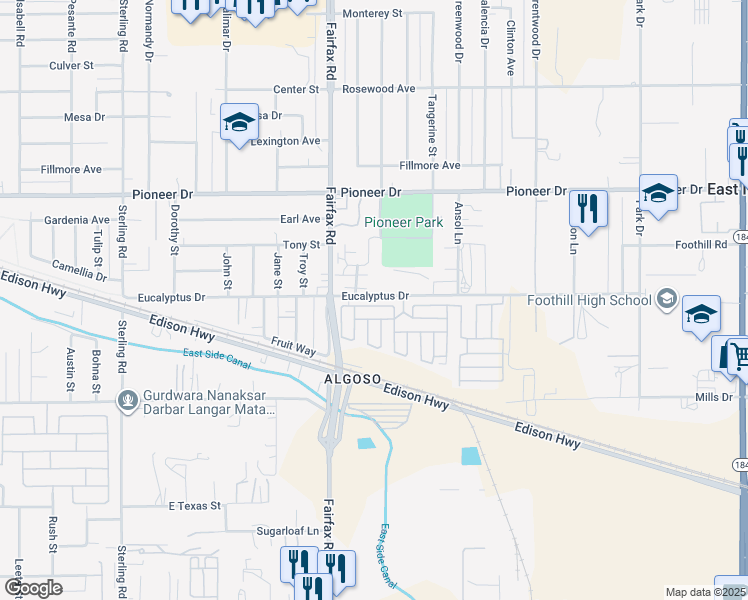 map of restaurants, bars, coffee shops, grocery stores, and more near 6601 Eucalyptus Drive in Bakersfield