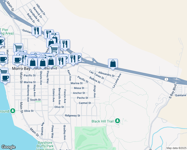 map of restaurants, bars, coffee shops, grocery stores, and more near 685 Kings Avenue in Morro Bay