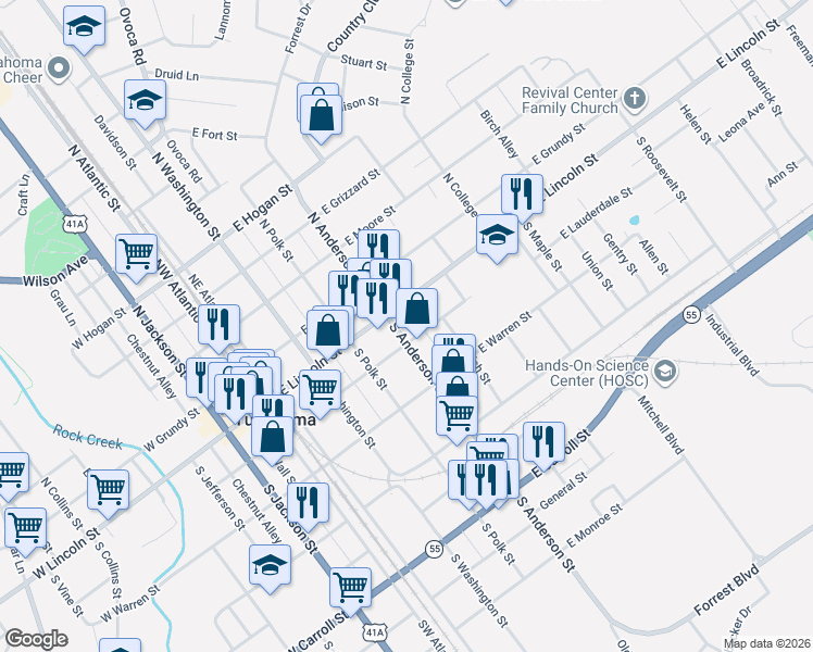 map of restaurants, bars, coffee shops, grocery stores, and more near 415 East Lauderdale Street in Tullahoma