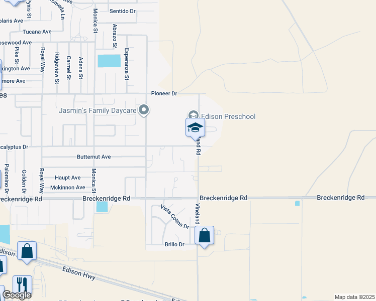 map of restaurants, bars, coffee shops, grocery stores, and more near 9617 Eucalyptus Drive in Bakersfield