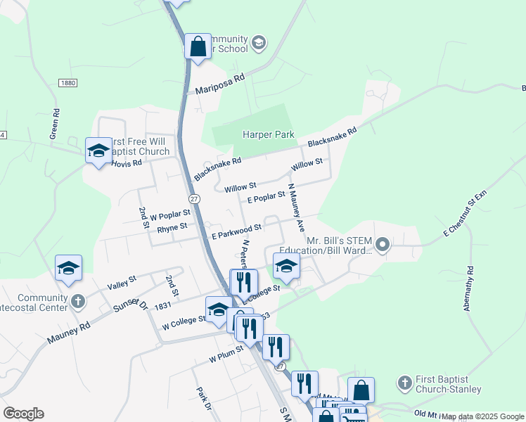 map of restaurants, bars, coffee shops, grocery stores, and more near 217 East Parkwood Street in Stanley