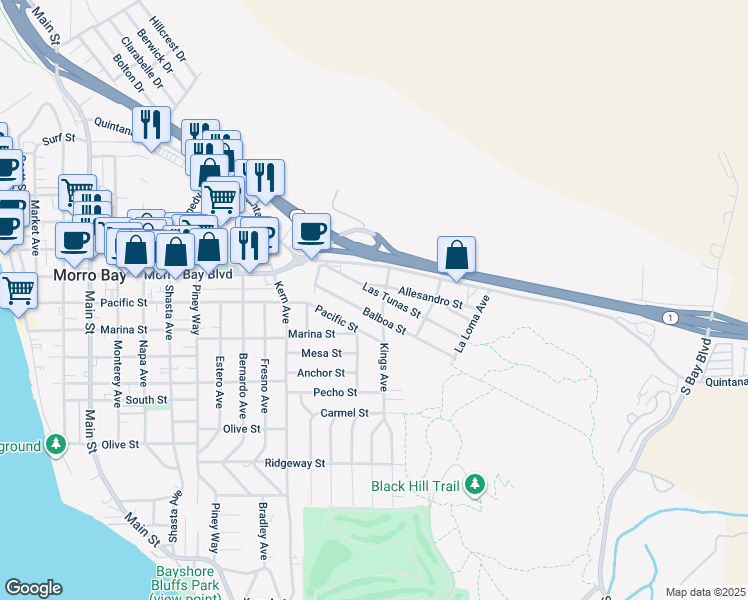 map of restaurants, bars, coffee shops, grocery stores, and more near 685 Kings Avenue in Morro Bay