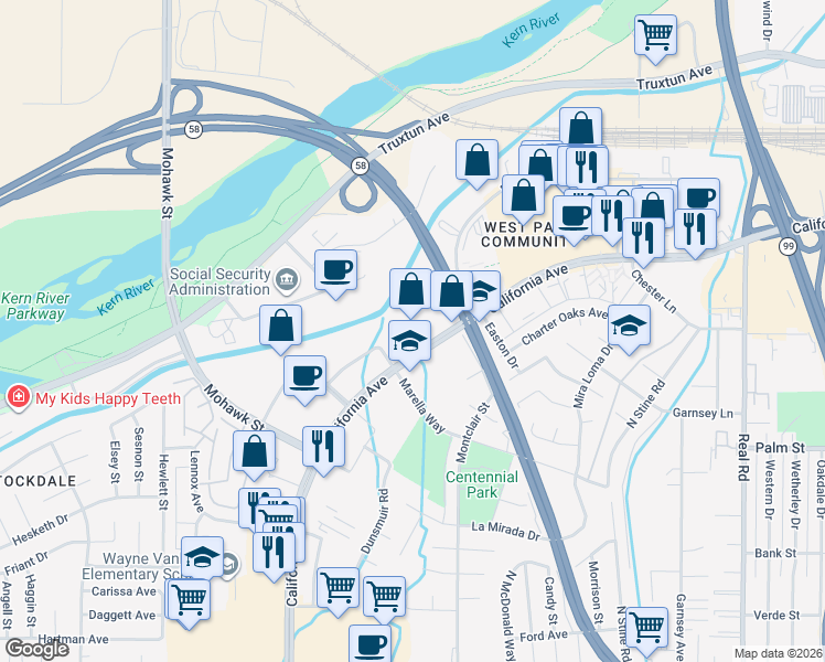 map of restaurants, bars, coffee shops, grocery stores, and more near 4900 California Avenue in Bakersfield