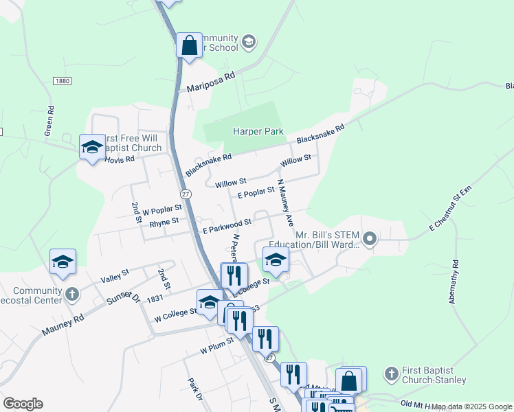 map of restaurants, bars, coffee shops, grocery stores, and more near 219 East Parkwood Street in Stanley