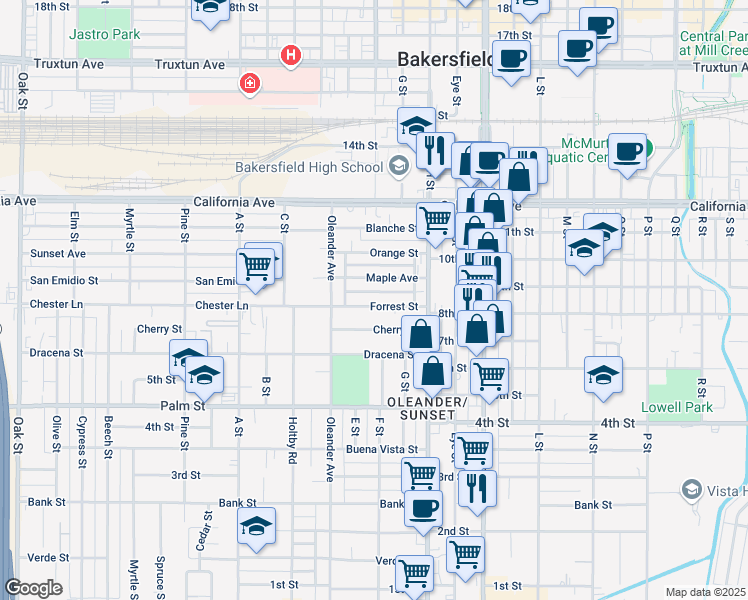 map of restaurants, bars, coffee shops, grocery stores, and more near 1906 Forrest Street in Bakersfield