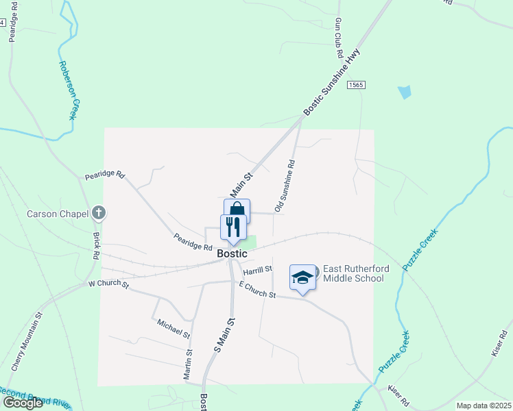 map of restaurants, bars, coffee shops, grocery stores, and more near 149 Old Sunshine Road in Bostic
