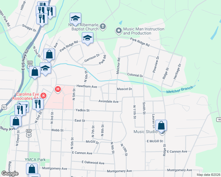 map of restaurants, bars, coffee shops, grocery stores, and more near 817 Hawthorn Avenue in Albemarle
