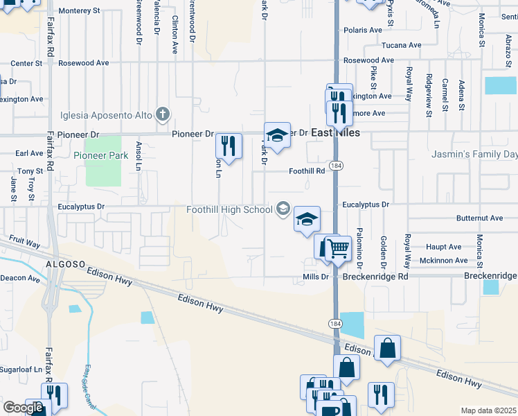 map of restaurants, bars, coffee shops, grocery stores, and more near 501 Park Drive in Bakersfield