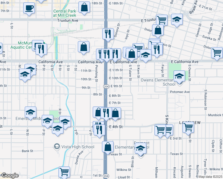 map of restaurants, bars, coffee shops, grocery stores, and more near 830 Union Avenue in Bakersfield
