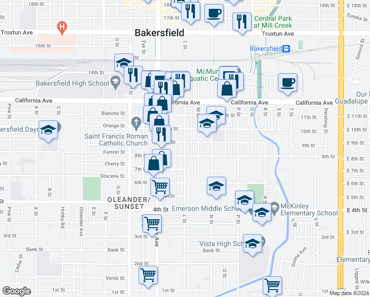 map of restaurants, bars, coffee shops, grocery stores, and more near 1211 9th Street in Bakersfield