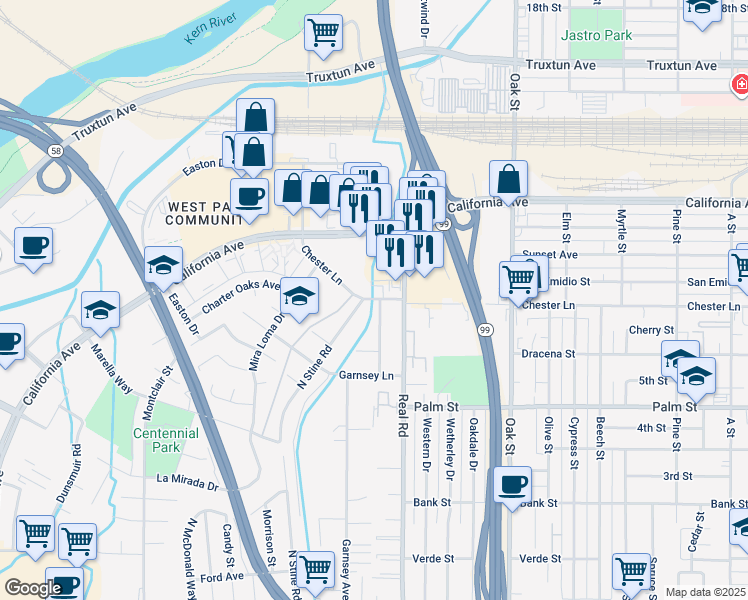 map of restaurants, bars, coffee shops, grocery stores, and more near 3408 Chester Lane in Bakersfield
