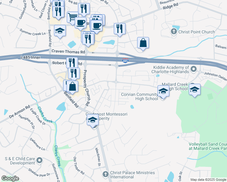 map of restaurants, bars, coffee shops, grocery stores, and more near 4503 Johnston Oehler Road in Charlotte