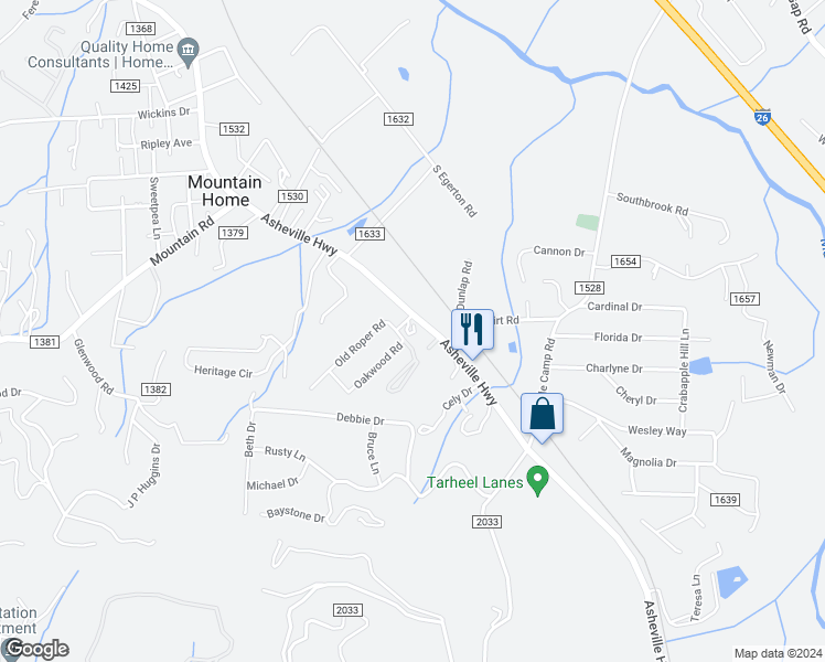 map of restaurants, bars, coffee shops, grocery stores, and more near 3490 Asheville Highway in Hendersonville