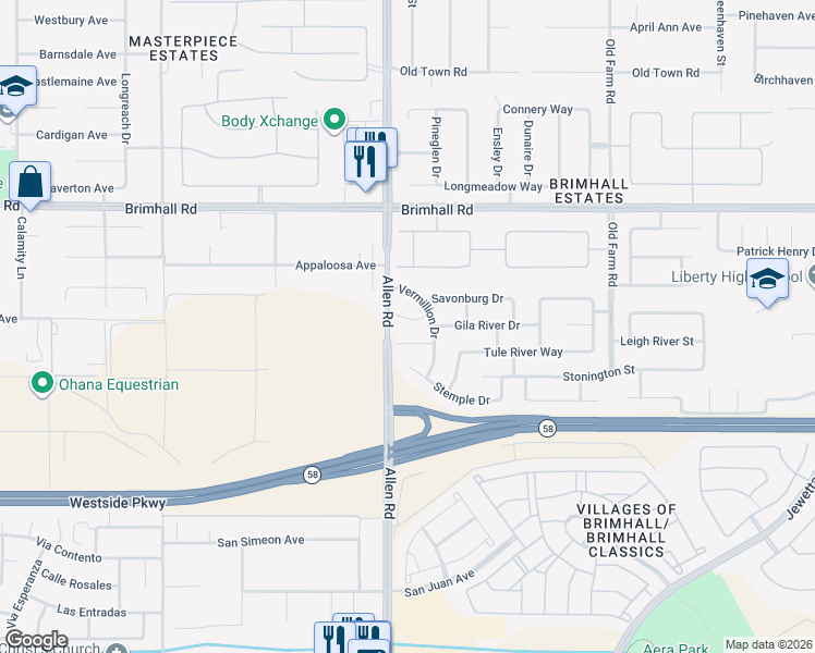 map of restaurants, bars, coffee shops, grocery stores, and more near 12808 Yankton Court in Bakersfield