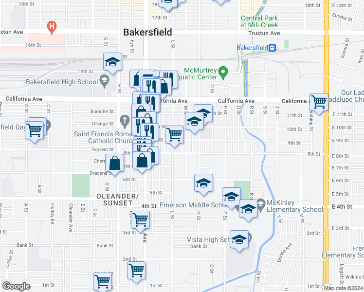 map of restaurants, bars, coffee shops, grocery stores, and more near 819 M Street in Bakersfield