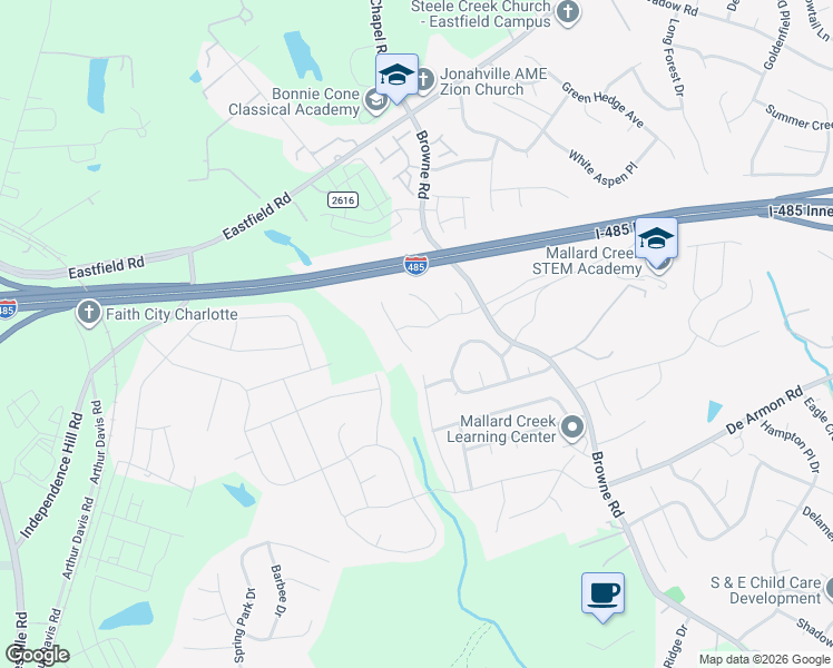 map of restaurants, bars, coffee shops, grocery stores, and more near 11143 Amber Glen Drive in Charlotte