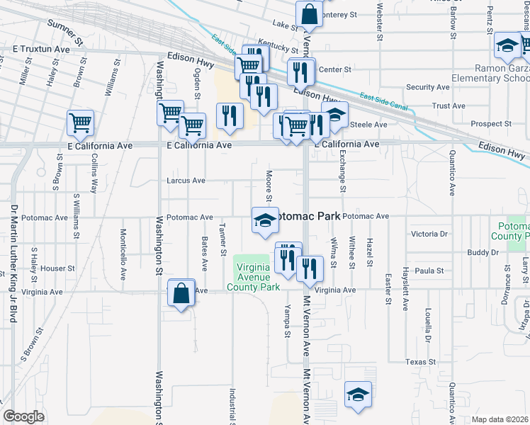 map of restaurants, bars, coffee shops, grocery stores, and more near 2110 Potomac Avenue in Bakersfield