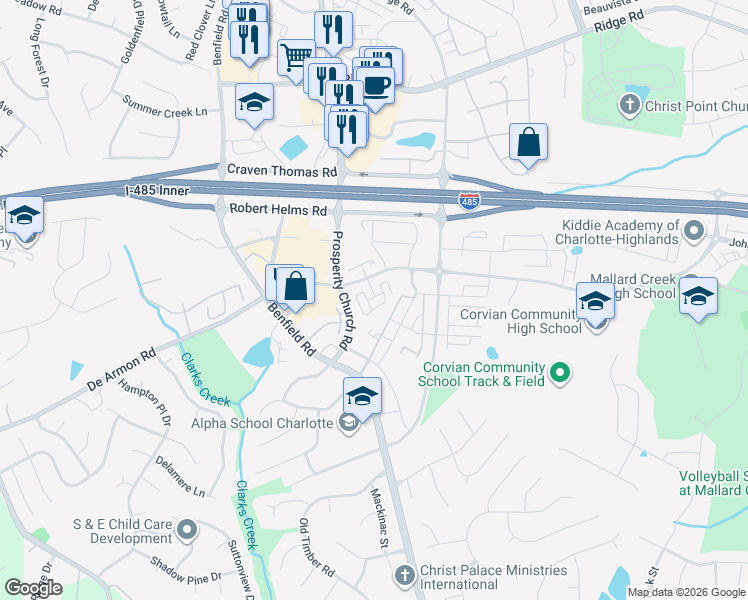 map of restaurants, bars, coffee shops, grocery stores, and more near 12317 McGrath Drive in Charlotte