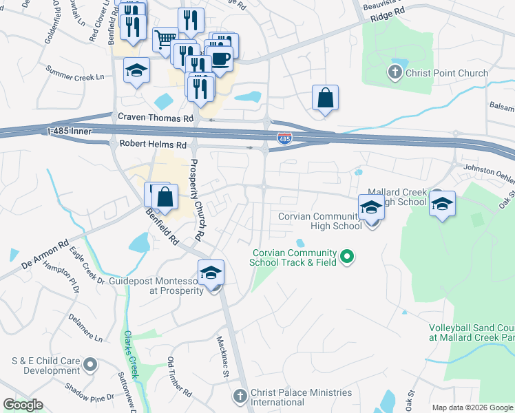 map of restaurants, bars, coffee shops, grocery stores, and more near 4503 Johnston Oehler Road in Charlotte