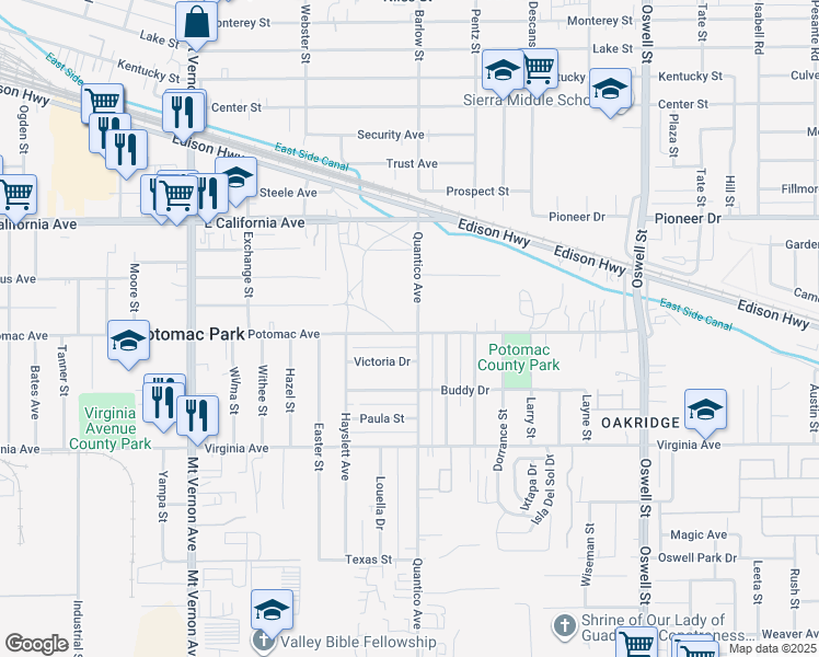 map of restaurants, bars, coffee shops, grocery stores, and more near 900 Quantico Avenue in Bakersfield