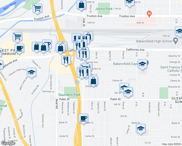map of restaurants, bars, coffee shops, grocery stores, and more near 3030 Chester Lane in Bakersfield