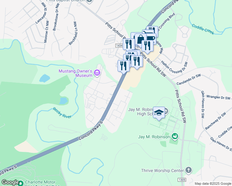 map of restaurants, bars, coffee shops, grocery stores, and more near 4061 Concord Parkway South in Concord