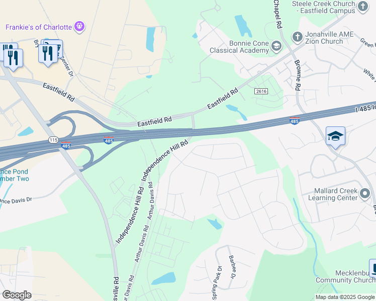 map of restaurants, bars, coffee shops, grocery stores, and more near 10620 Independence Hill Road in Charlotte