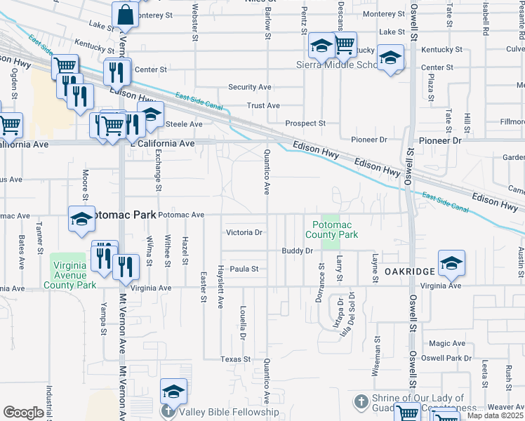 map of restaurants, bars, coffee shops, grocery stores, and more near 900 Quantico Avenue in Bakersfield