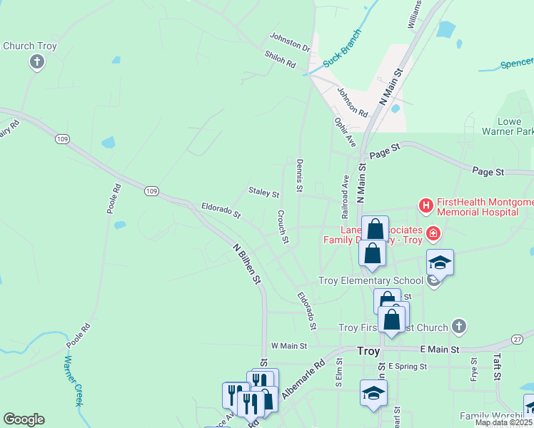 map of restaurants, bars, coffee shops, grocery stores, and more near 622 Morris Drive in Troy