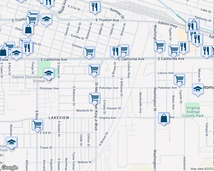 map of restaurants, bars, coffee shops, grocery stores, and more near 816 South Brown Street in Bakersfield