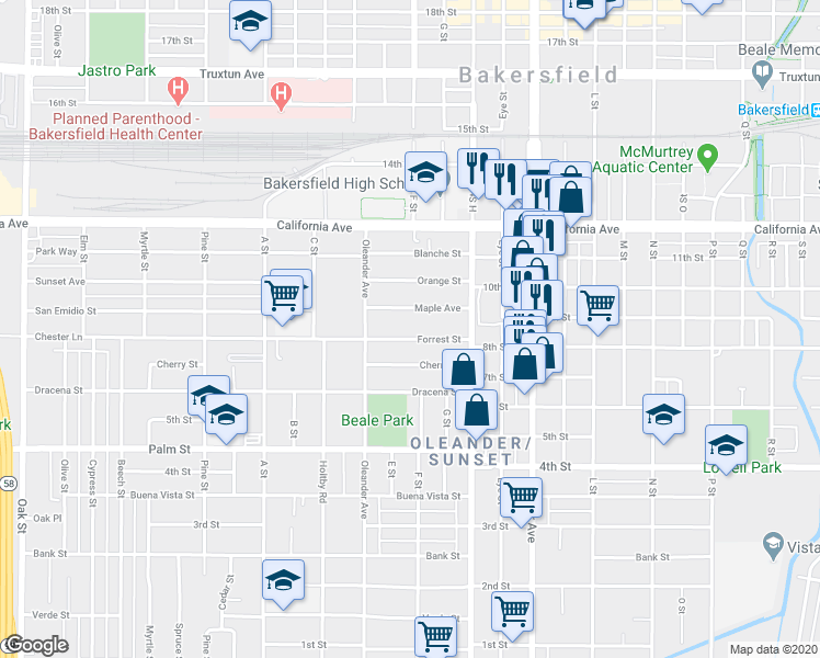 map of restaurants, bars, coffee shops, grocery stores, and more near 1909 Maple Avenue in Bakersfield